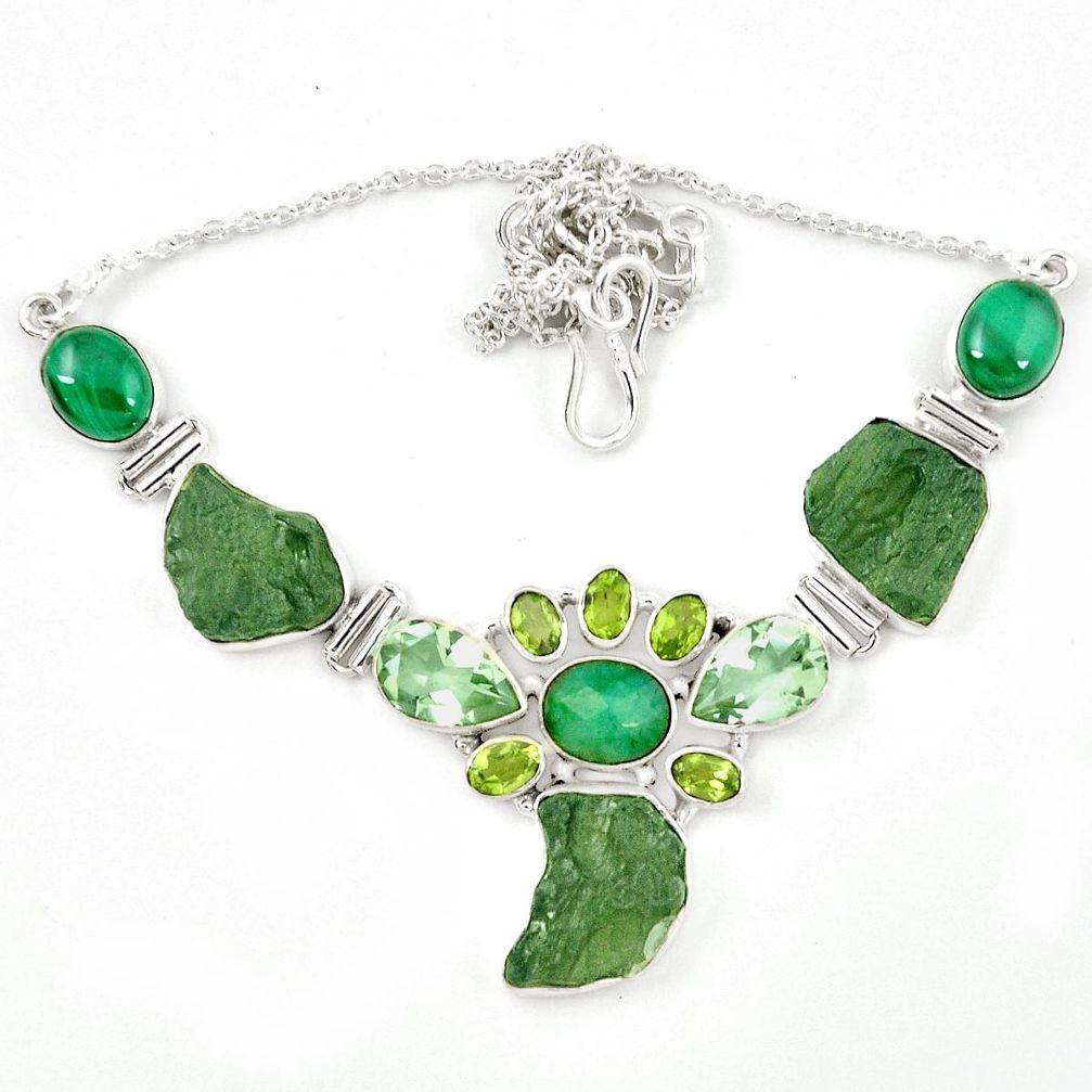 Natural green moldavite (genuine czech) malachite 925 silver necklace m26511