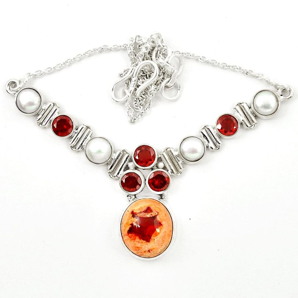 Natural multi color mexican fire opal garnet pearl 925 silver necklace m26515