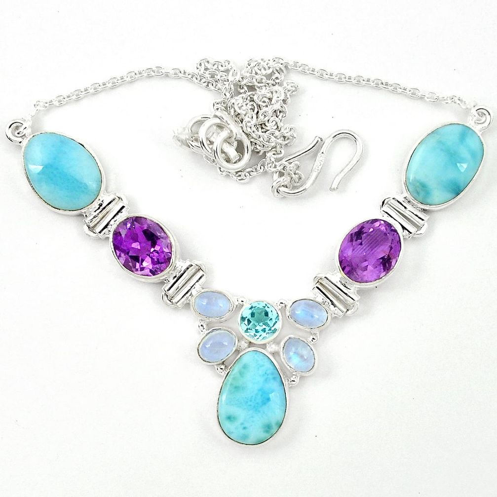 Natural blue larimar moonstone amethyst 925 sterling silver necklace m26518