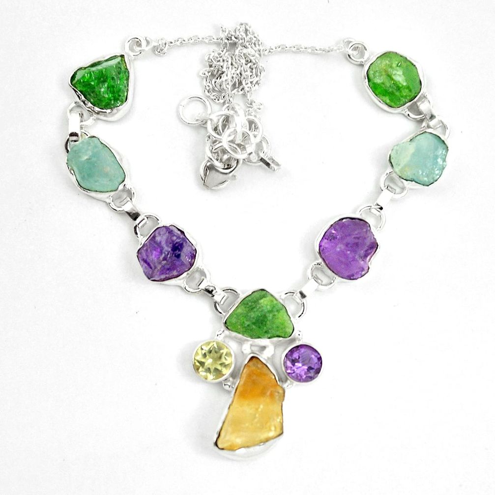 Yellow citrine rough chrome diopside rough 925 silver necklace m47837