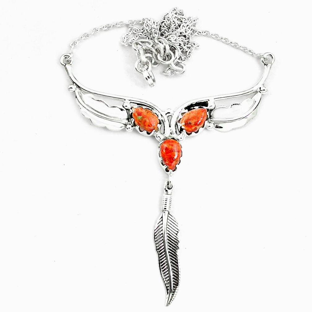 Red copper turquoise 925 sterling silver feather necklace jewelry m82042