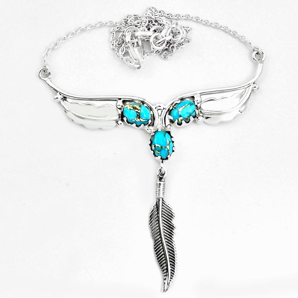 Blue copper turquoise 925 sterling silver feather necklace jewelry m82049