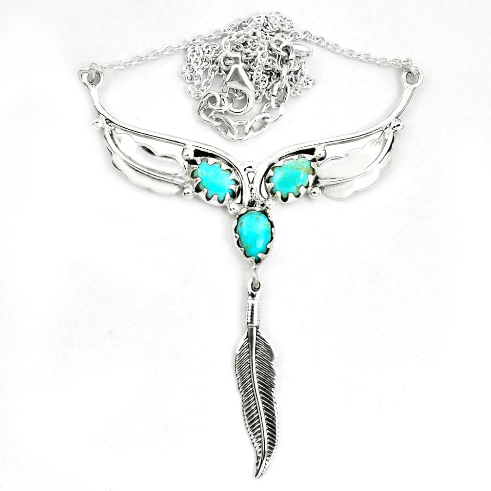 Blue arizona mohave turquoise 925 sterling silver feather necklace m82051