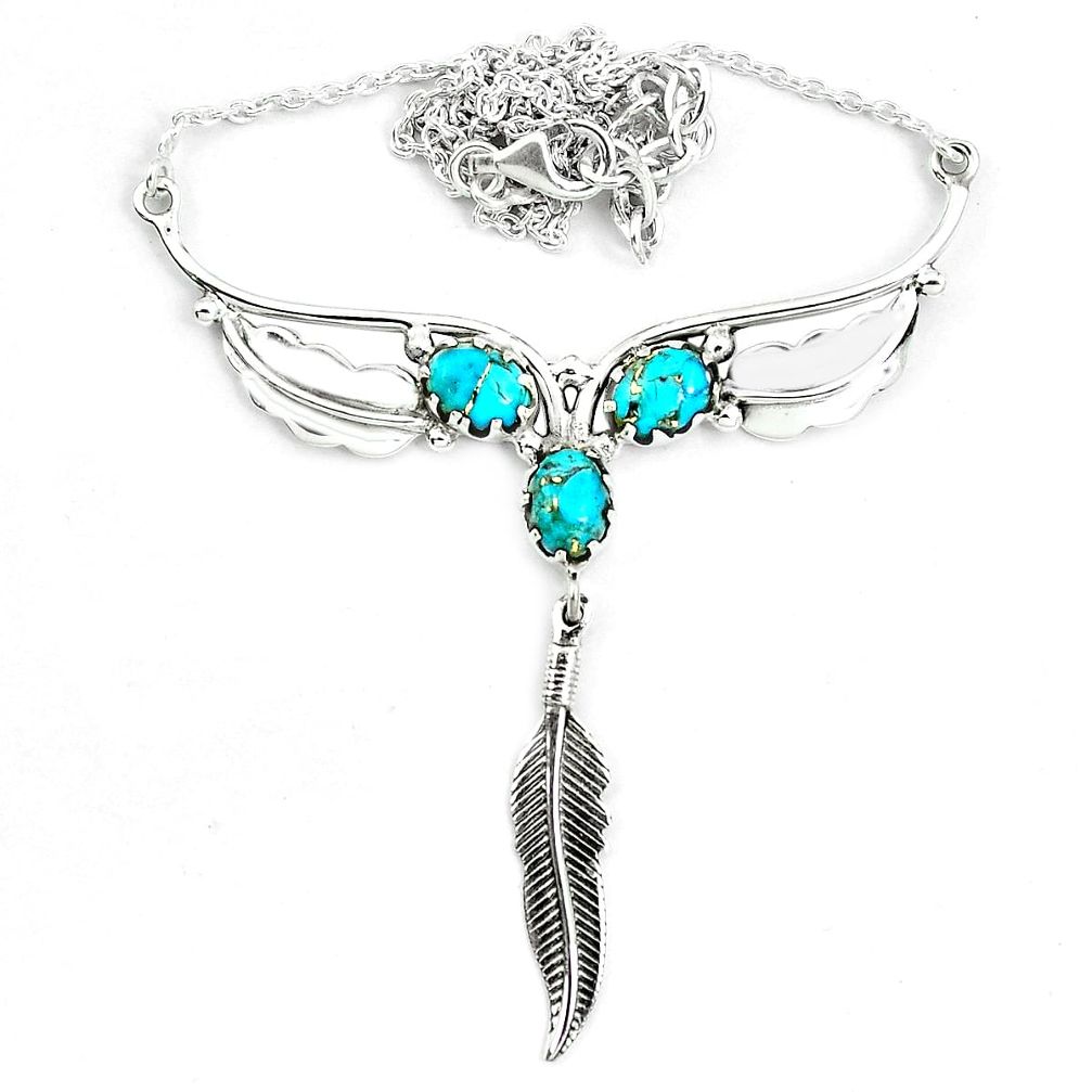 Blue copper turquoise 925 sterling silver feather necklace jewelry m82053