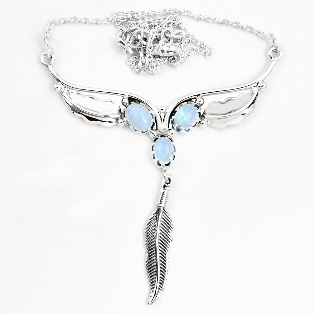 Natural rainbow moonstone 925 sterling silver feather necklace jewelry m82056