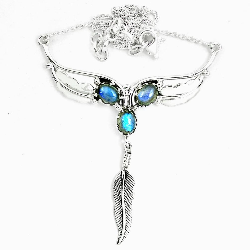 Natural blue labradorite 925 sterling silver feather necklace jewelry m82059