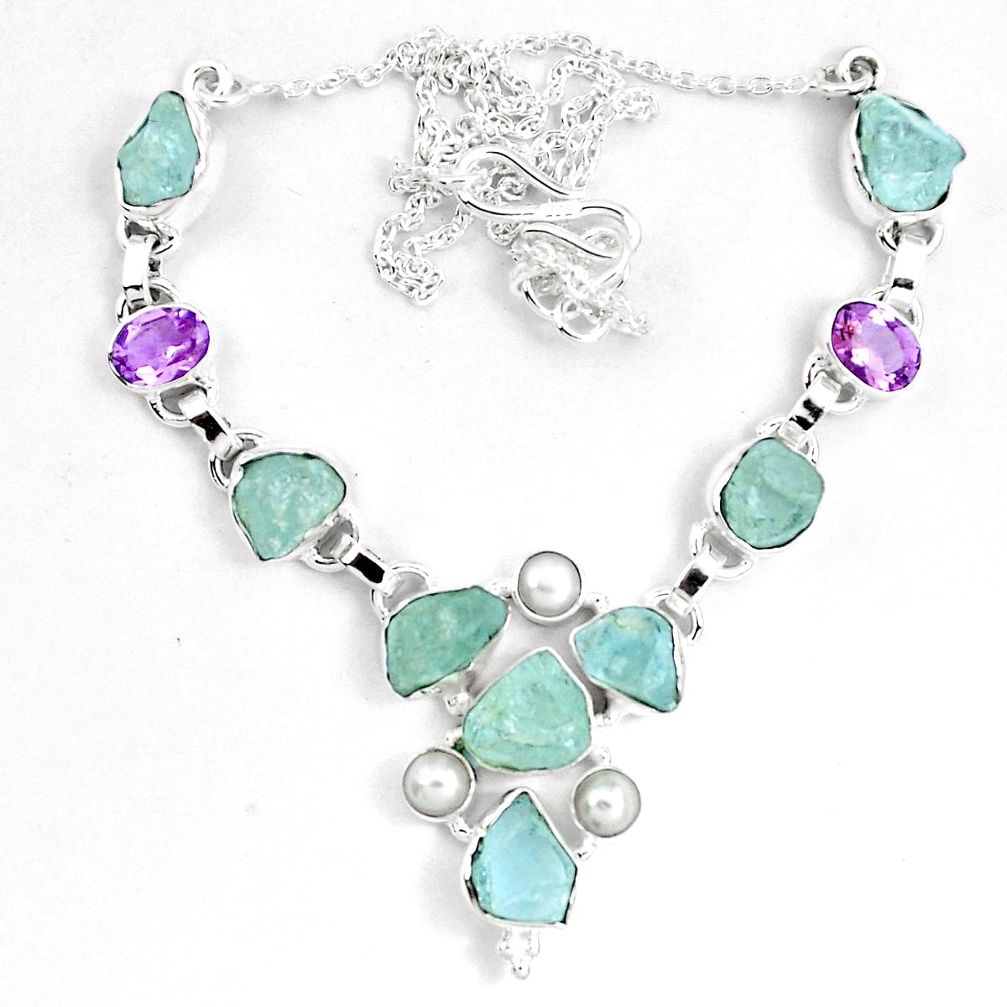 Natural aqua aquamarine rough amethyst 925 silver necklace m82101