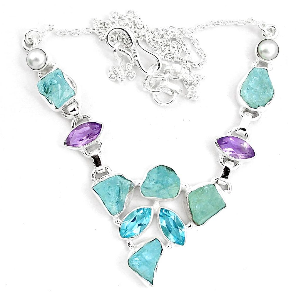 Natural aqua aquamarine rough purple amethyst 925 silver necklace m82106