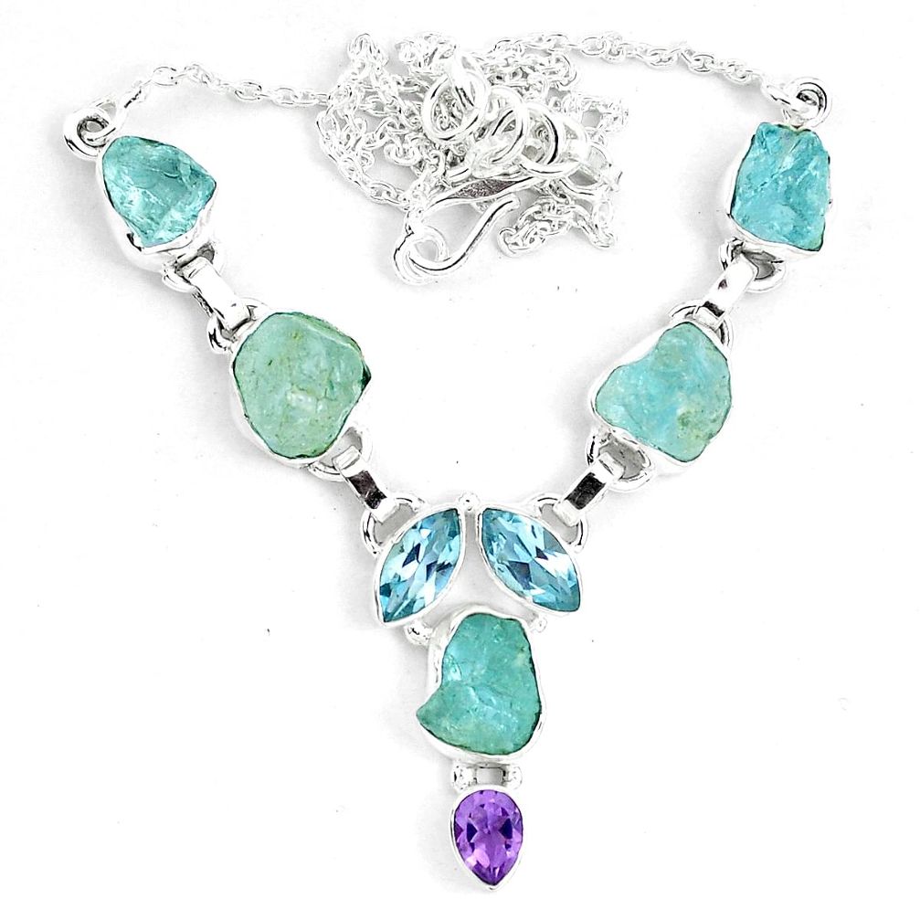 Natural aqua aquamarine rough amethyst 925 silver necklace jewelry m82107