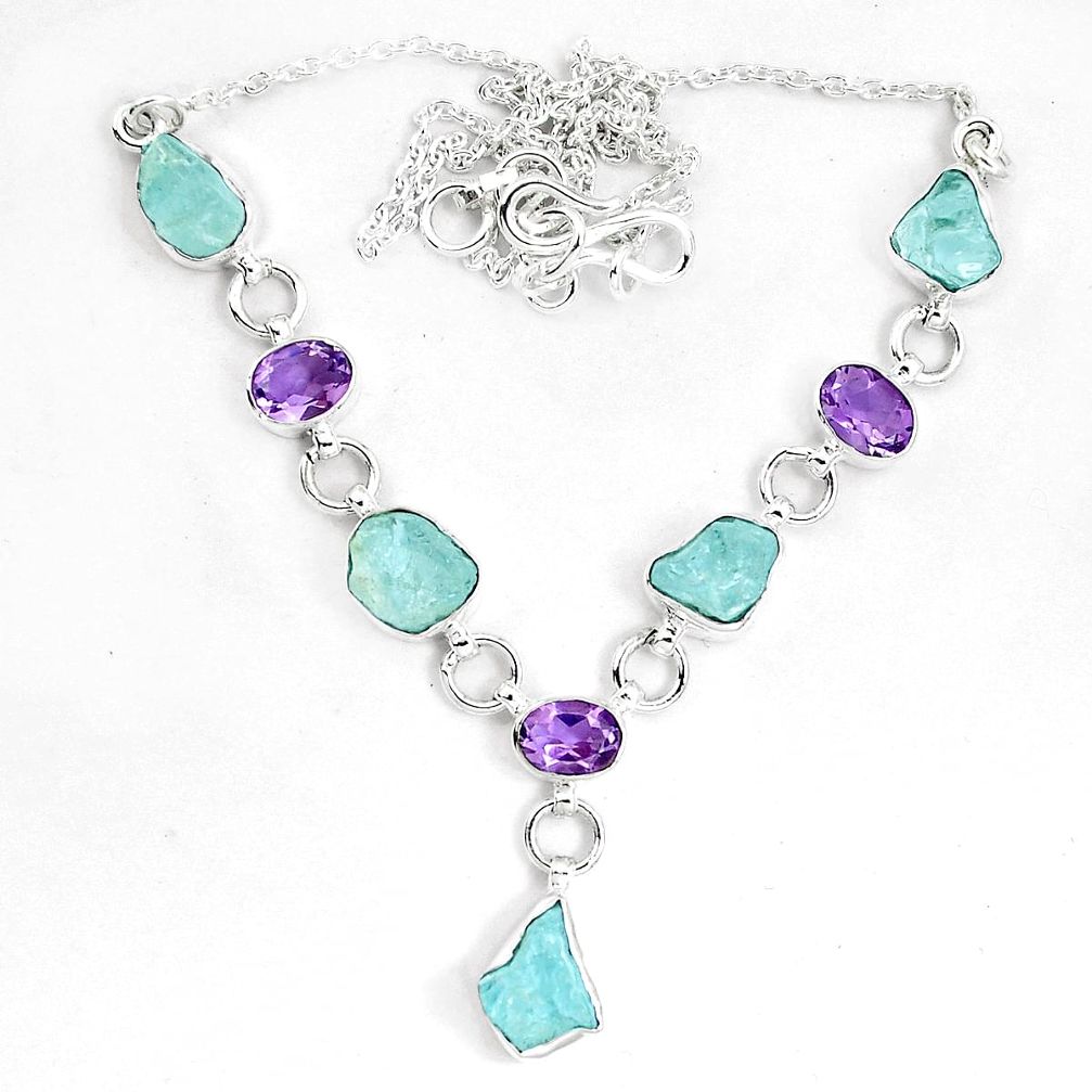 Natural aqua aquamarine rough amethyst 925 sterling silver necklace m82109