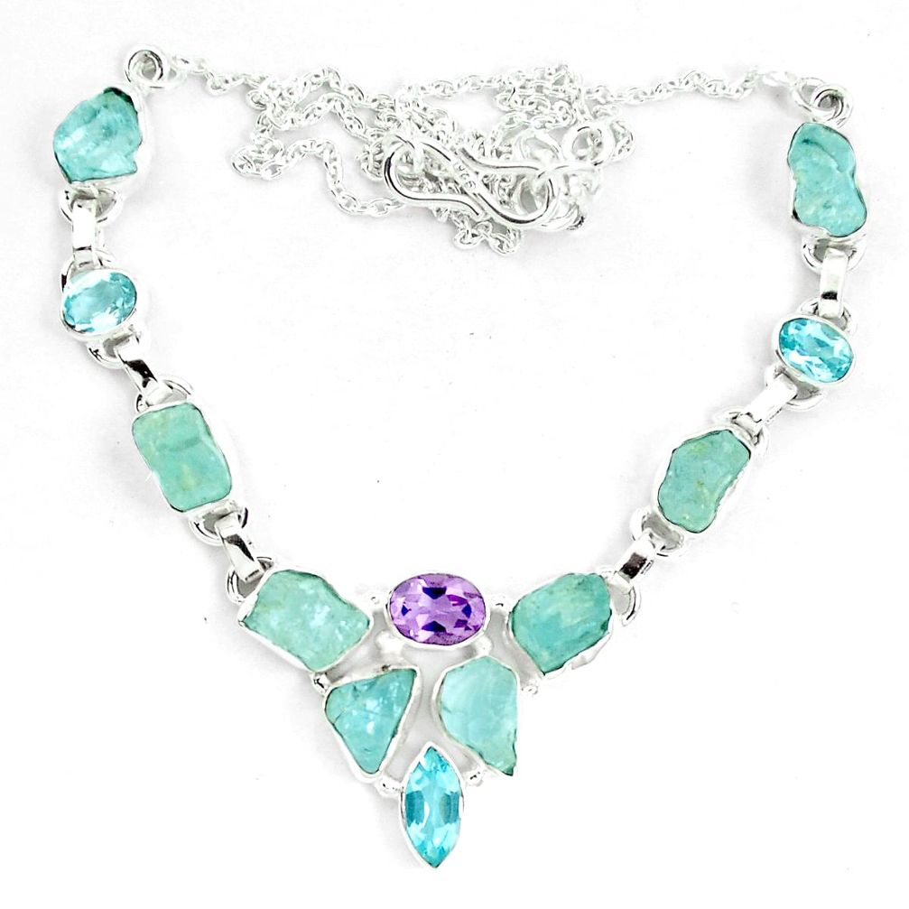 Natural aqua aquamarine rough amethyst 925 silver necklace m82111