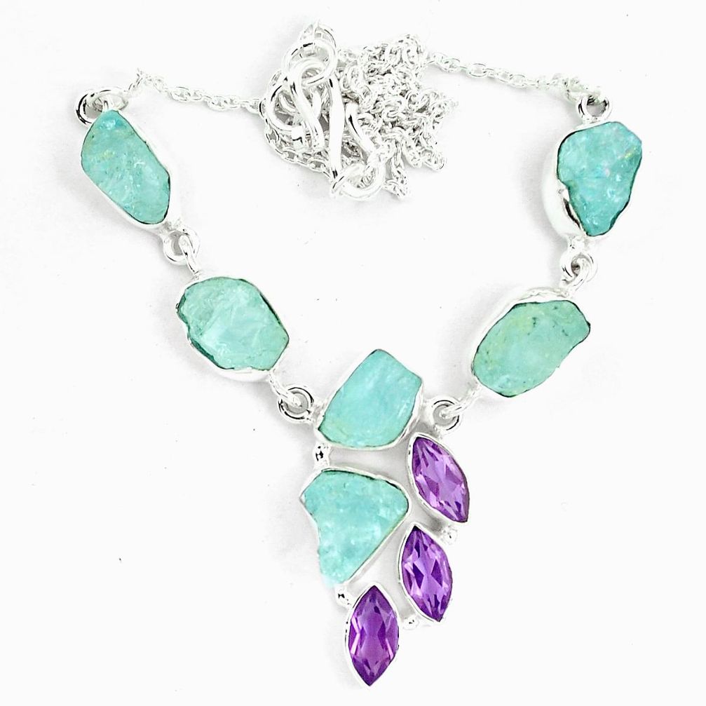 Natural aqua aquamarine rough amethyst 925 silver necklace jewelry m82114