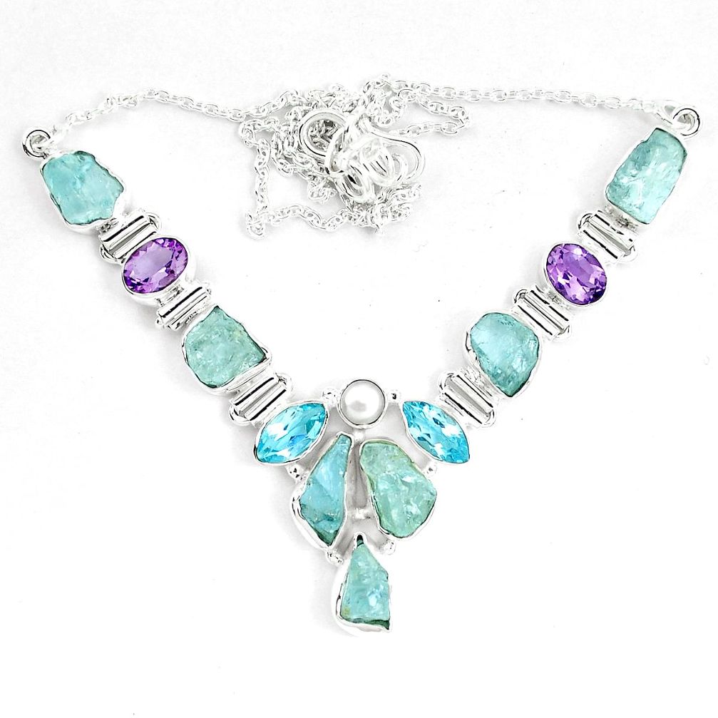 Natural aqua aquamarine rough amethyst 925 silver necklace m82117