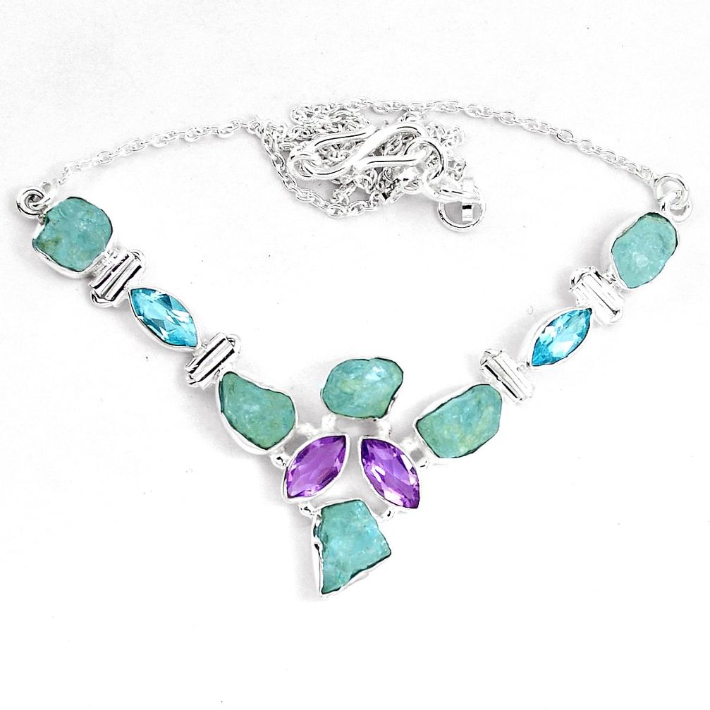 Natural aqua aquamarine rough amethyst topaz 925 silver necklace m82119