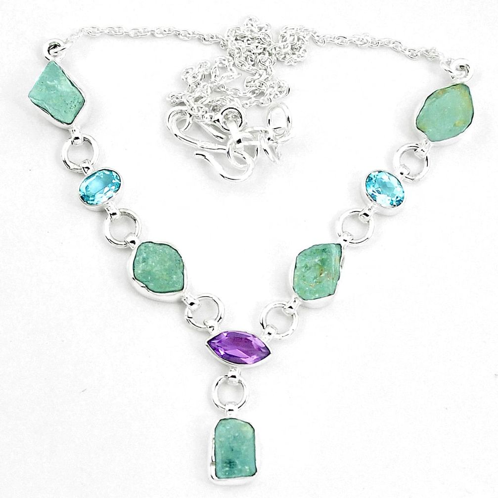 Natural aqua aquamarine rough amethyst 925 silver necklace m82178