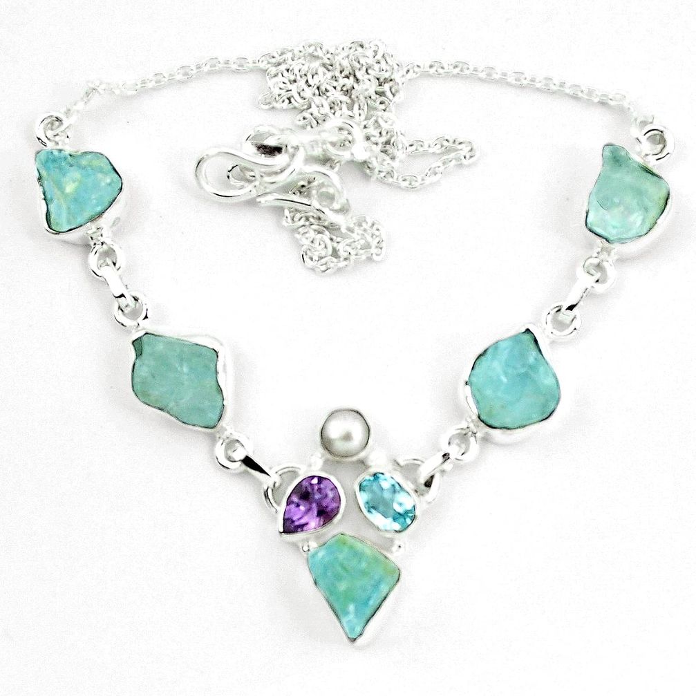 Natural aqua aquamarine rough amethyst pearl 925 silver necklace m82180