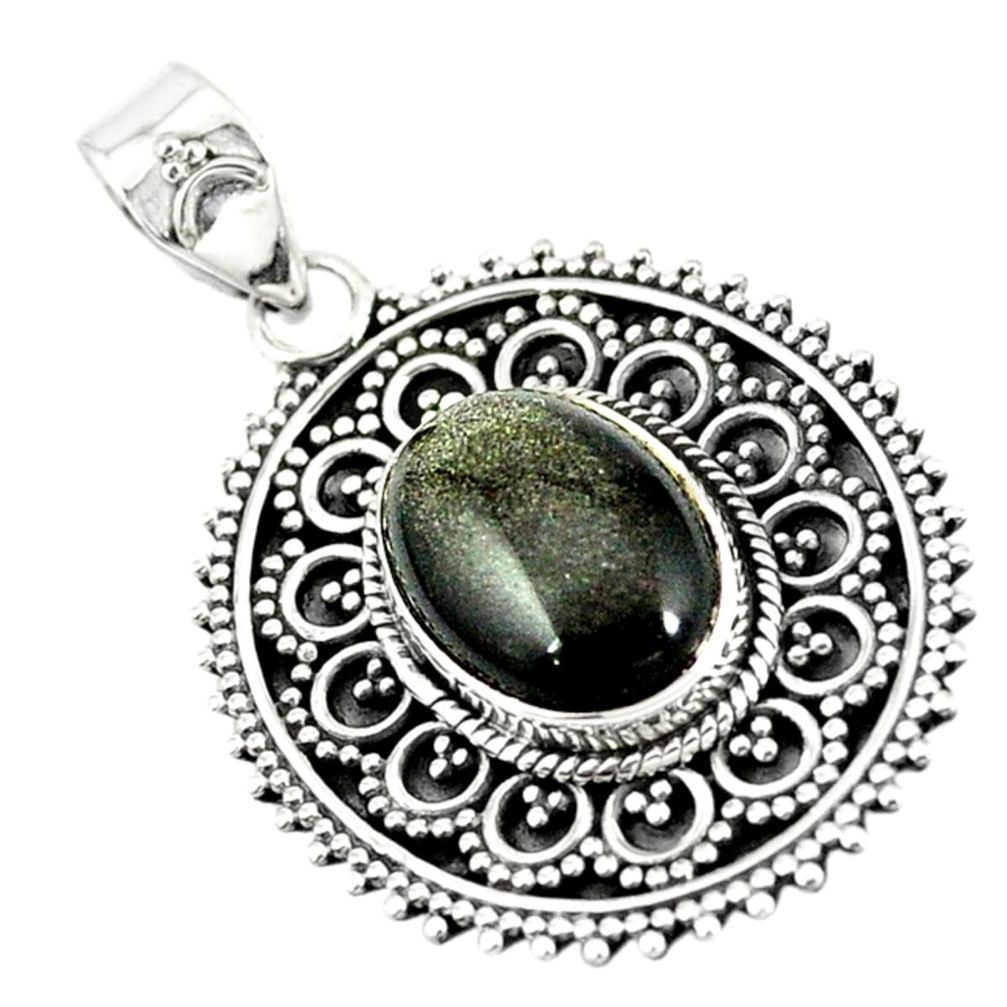 Natural golden sheen black obsidian 925 sterling silver pendant m10858