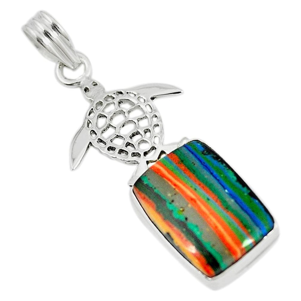 Natural multi color rainbow calsilica 925 silver turtle pendant m10981