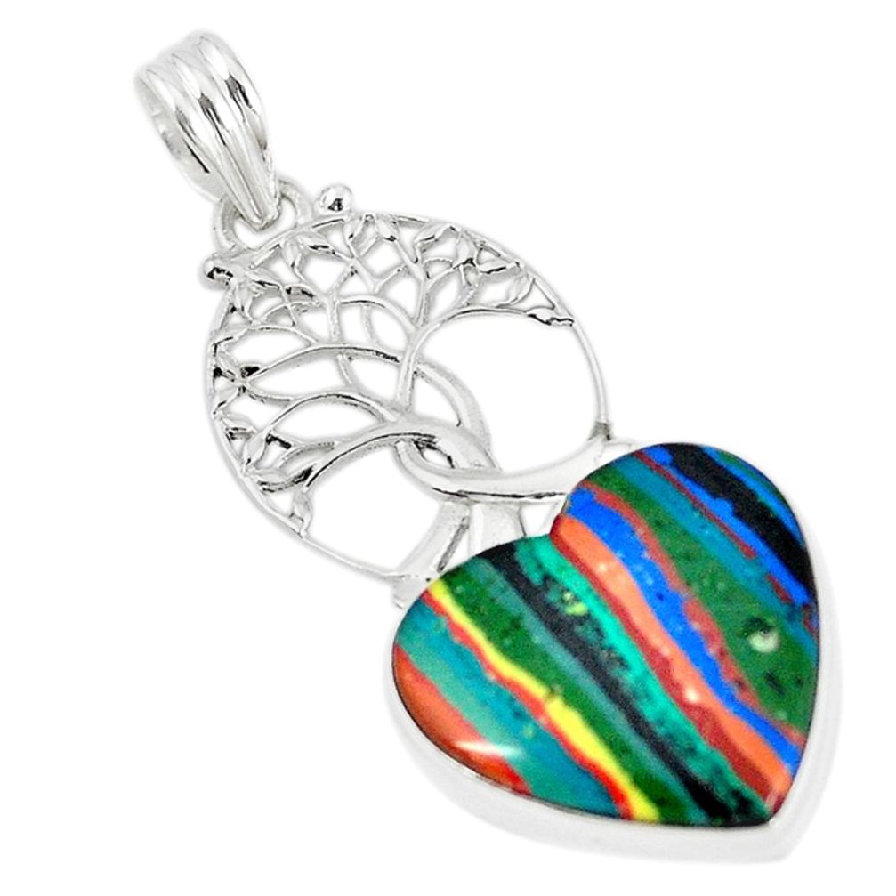 Natural multi color rainbow calsilica 925 silver tree of life pendant m10998