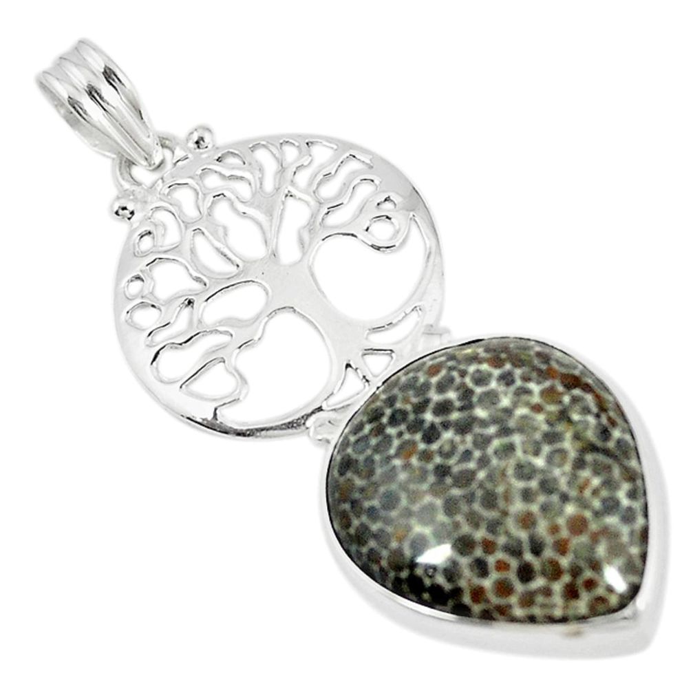 Natural black stingray coral from alaska 925 silver tree of life pendant m11065