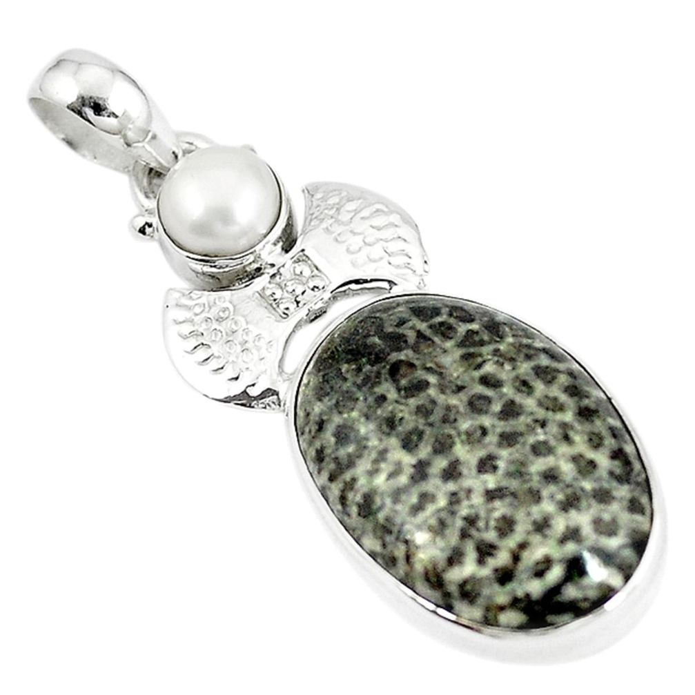 Natural black stingray coral from alaska pearl 925 silver pendant m11067