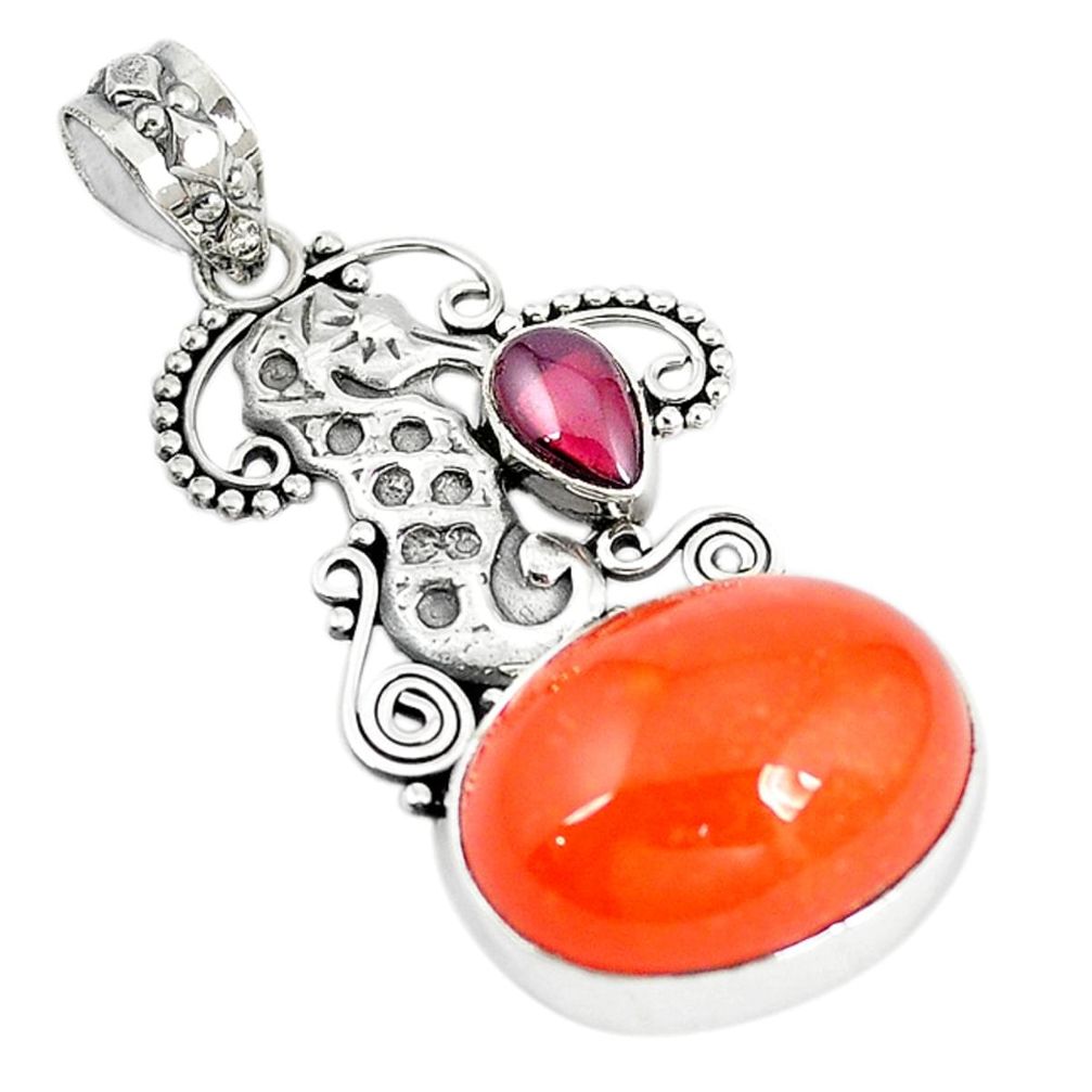 925 silver natural orange cornelian (carnelian) oval seahorse pendant m11295