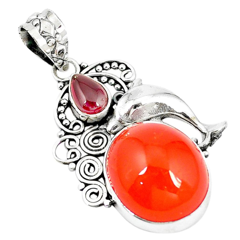 925 silver natural orange cornelian (carnelian) garnet dolphin pendant m11320