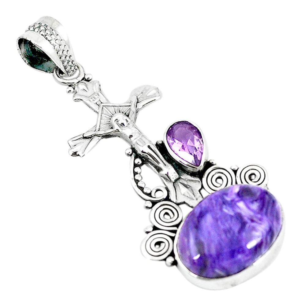 Natural purple charoite (siberian) 925 silver holy cross pendant m11345