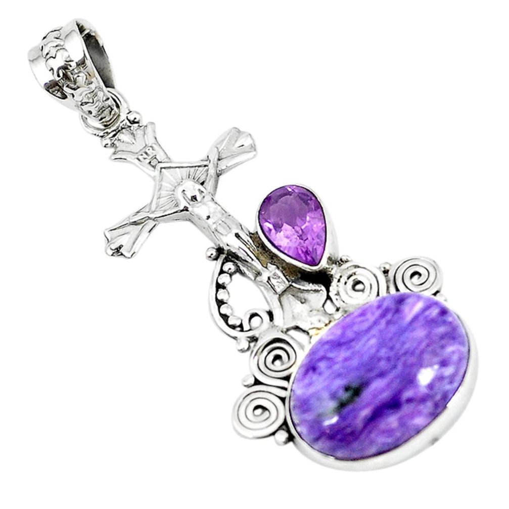 Natural purple charoite (siberian) 925 silver holy cross pendant m11346