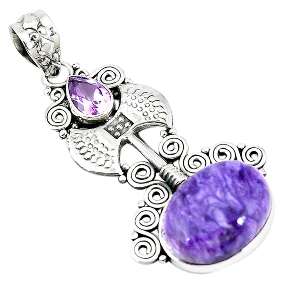 Natural purple charoite (siberian) amethyst 925 silver pendant m11348