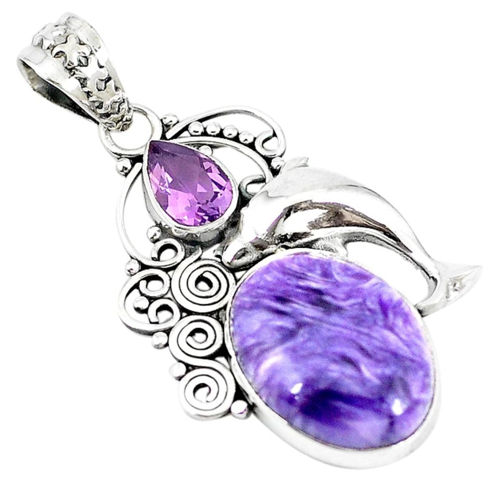 925 silver natural purple charoite (siberian) amethyst dolphin pendant m11354