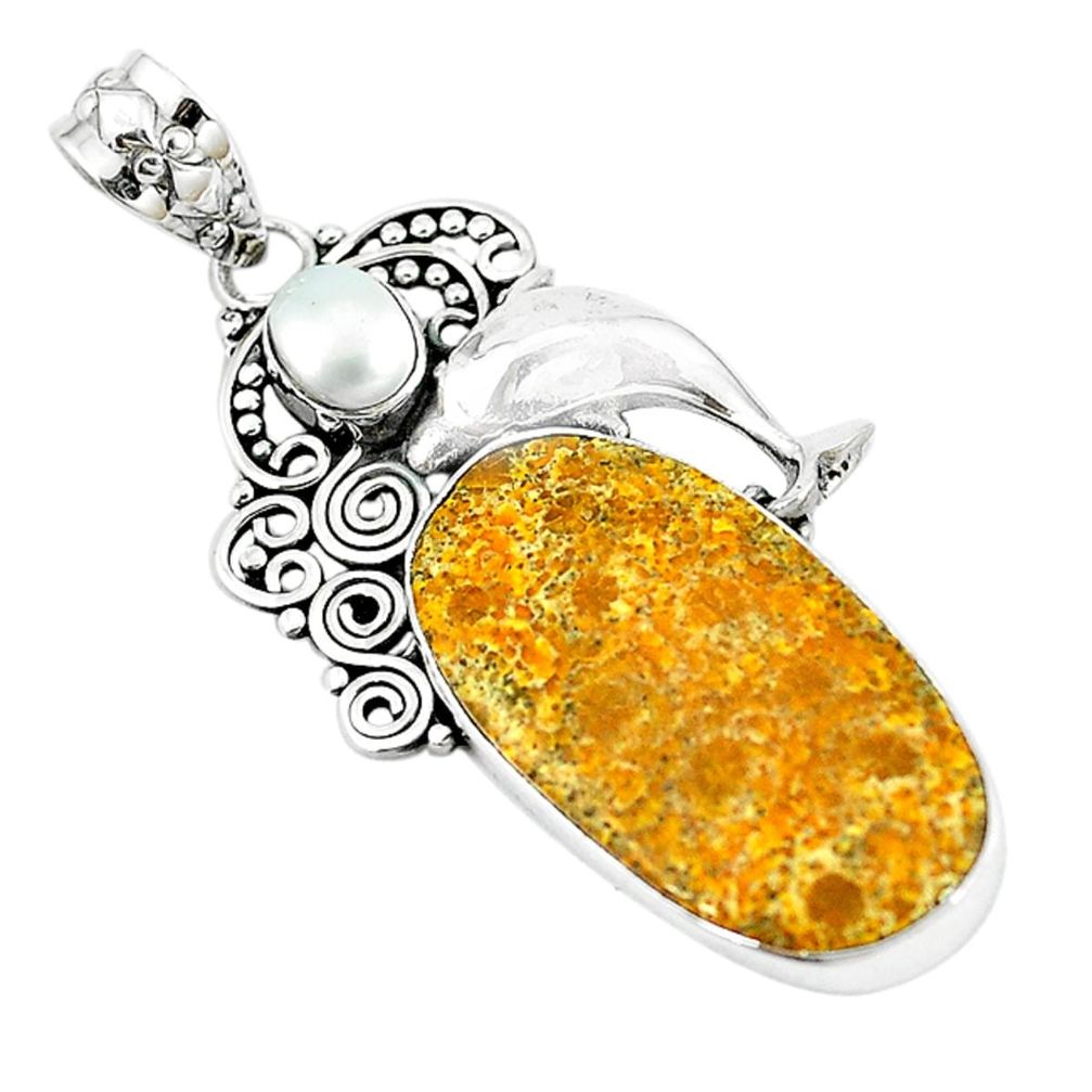 Natural yellow fossil coral (agatized) petoskey stone 925 silver pendant m11369