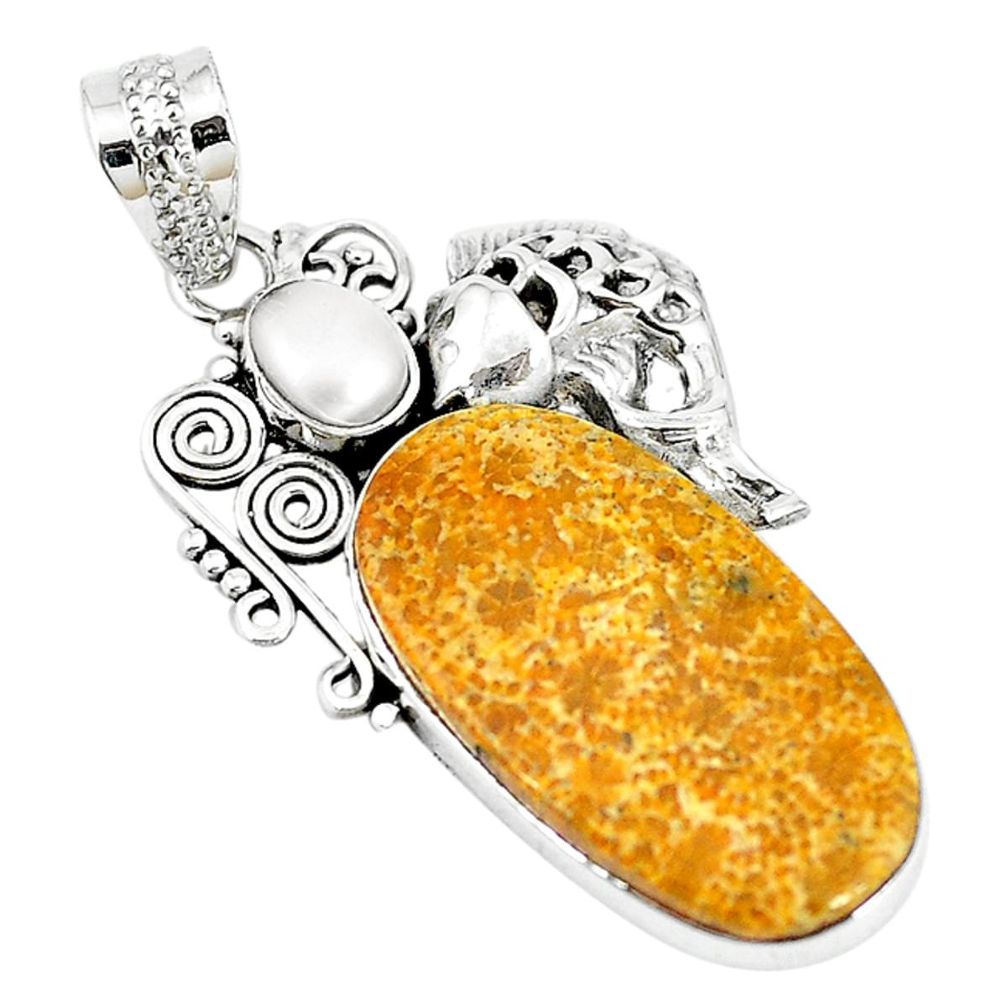 Natural yellow fossil coral (agatized) petoskey stone 925 silver pendant m11373