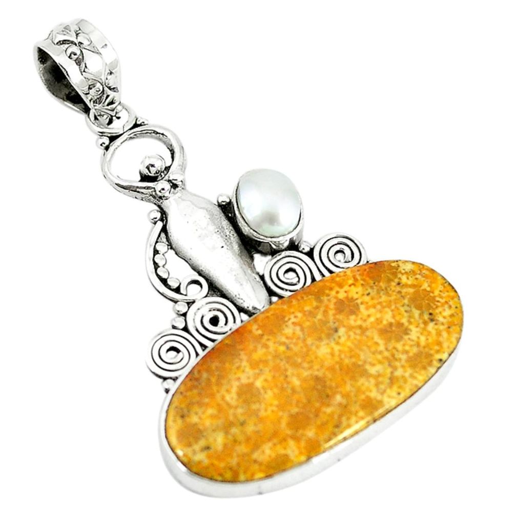 Natural yellow fossil coral (agatized) petoskey stone 925 silver pendant m11377