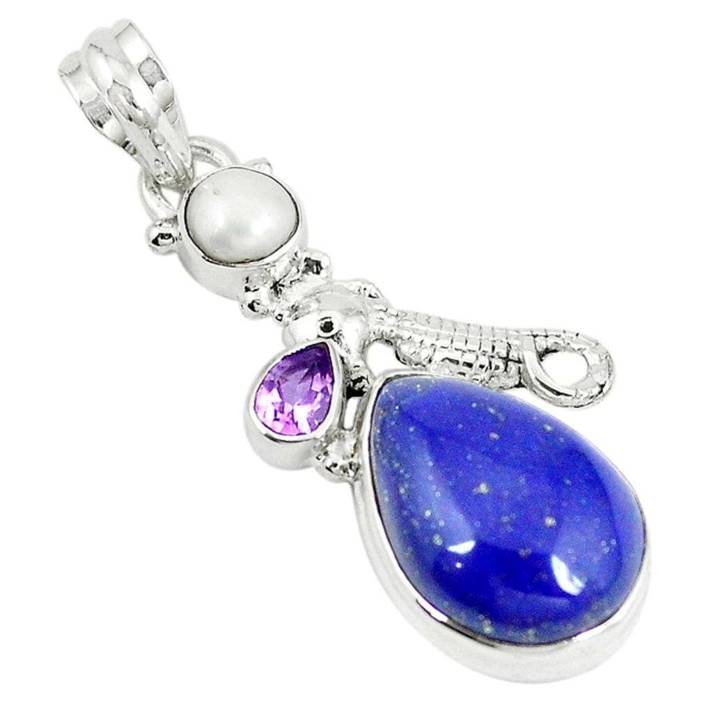 Natural blue lapis lazuli amethyst 925 silver seahorse pendant m11546