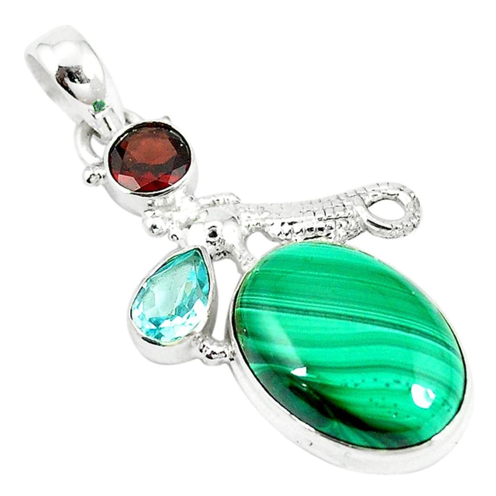 Natural green malachite (pilot's stone) garnet topaz 925 silver pendant m11617