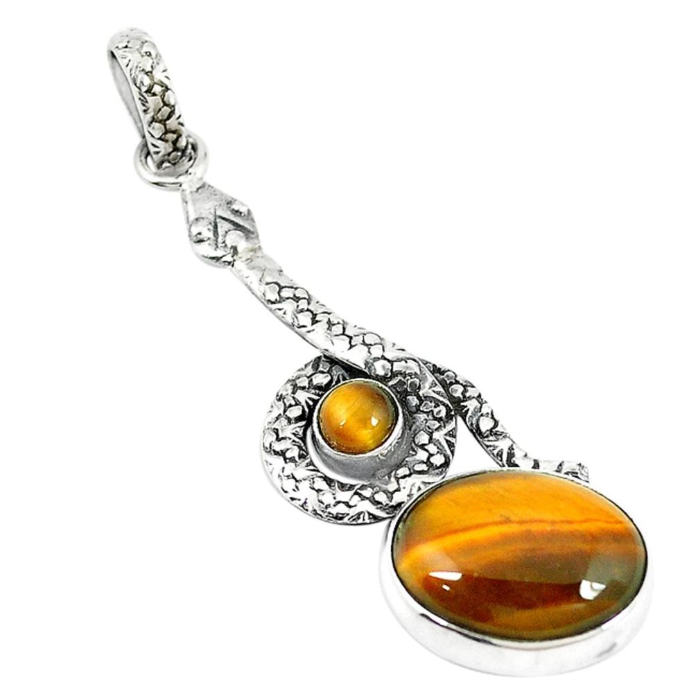 Natural brown tiger's eye 925 sterling silver snake pendant jewelry m11726