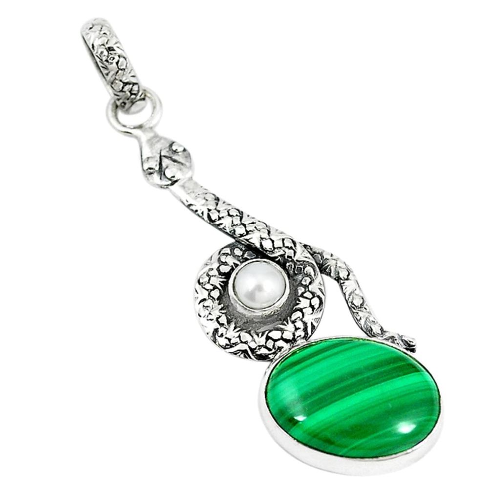 925 silver natural green malachite (pilot's stone) pearl snake pendant m11732