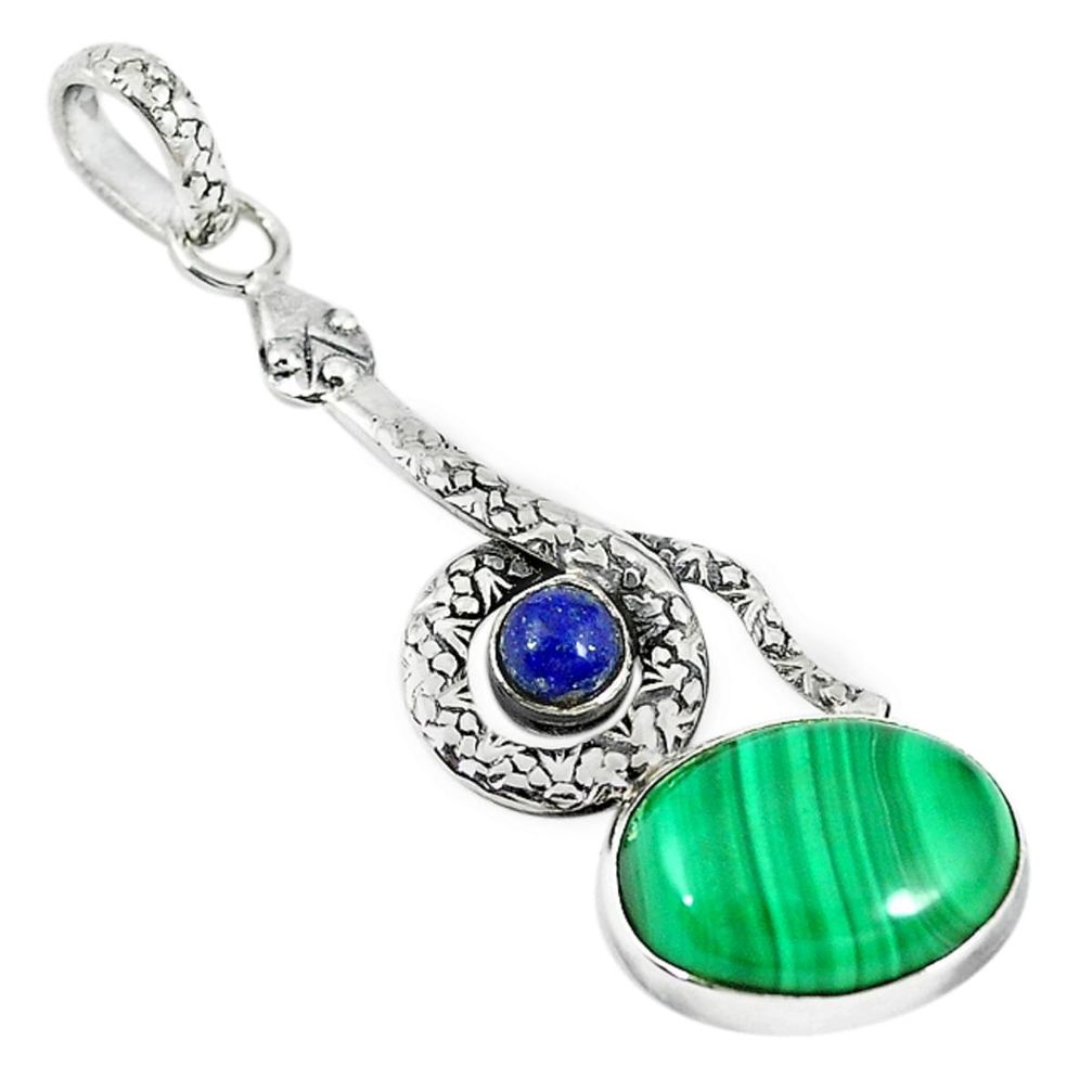 Natural green malachite (pilot's stone) lapis 925 silver snake pendant m11734