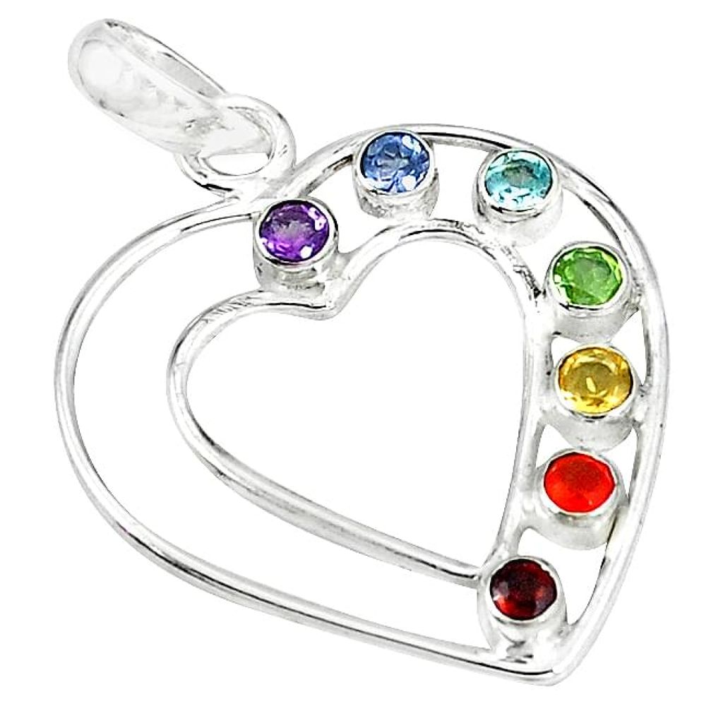 Heart and om chakra natural multicolor multi gemstone 925 silver pendant mp124