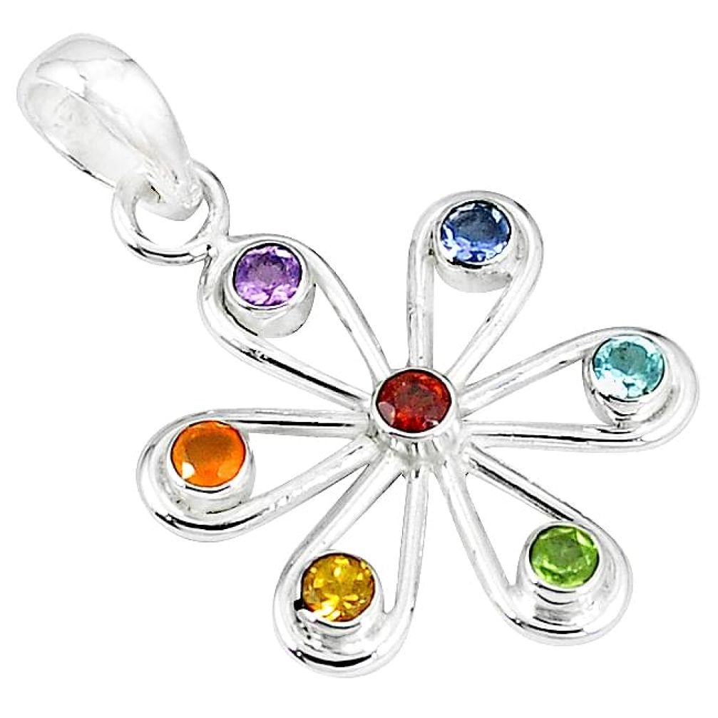 Chakra healing flower natural multicolor multi gemstone 925 silver pendant mp126