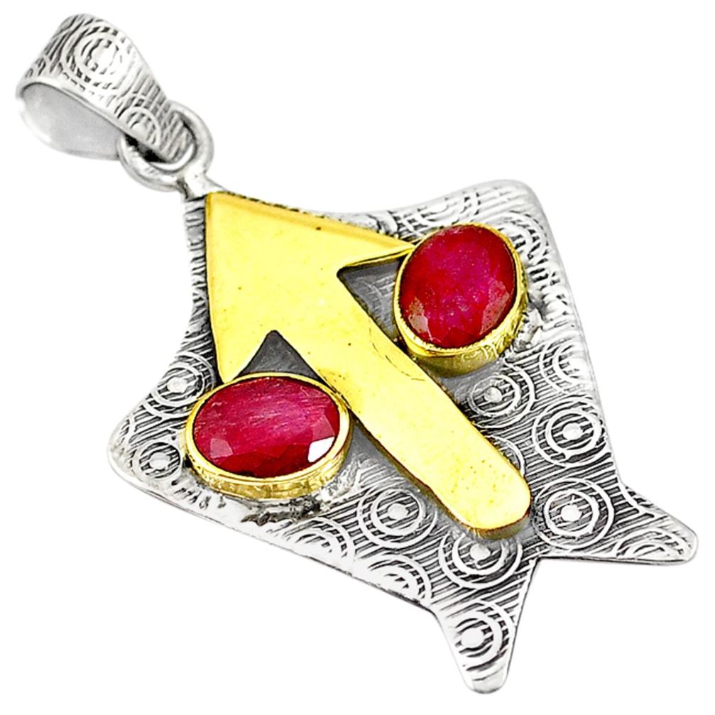 Victorian natural red ruby 925 sterling silver two tone pendant m12941