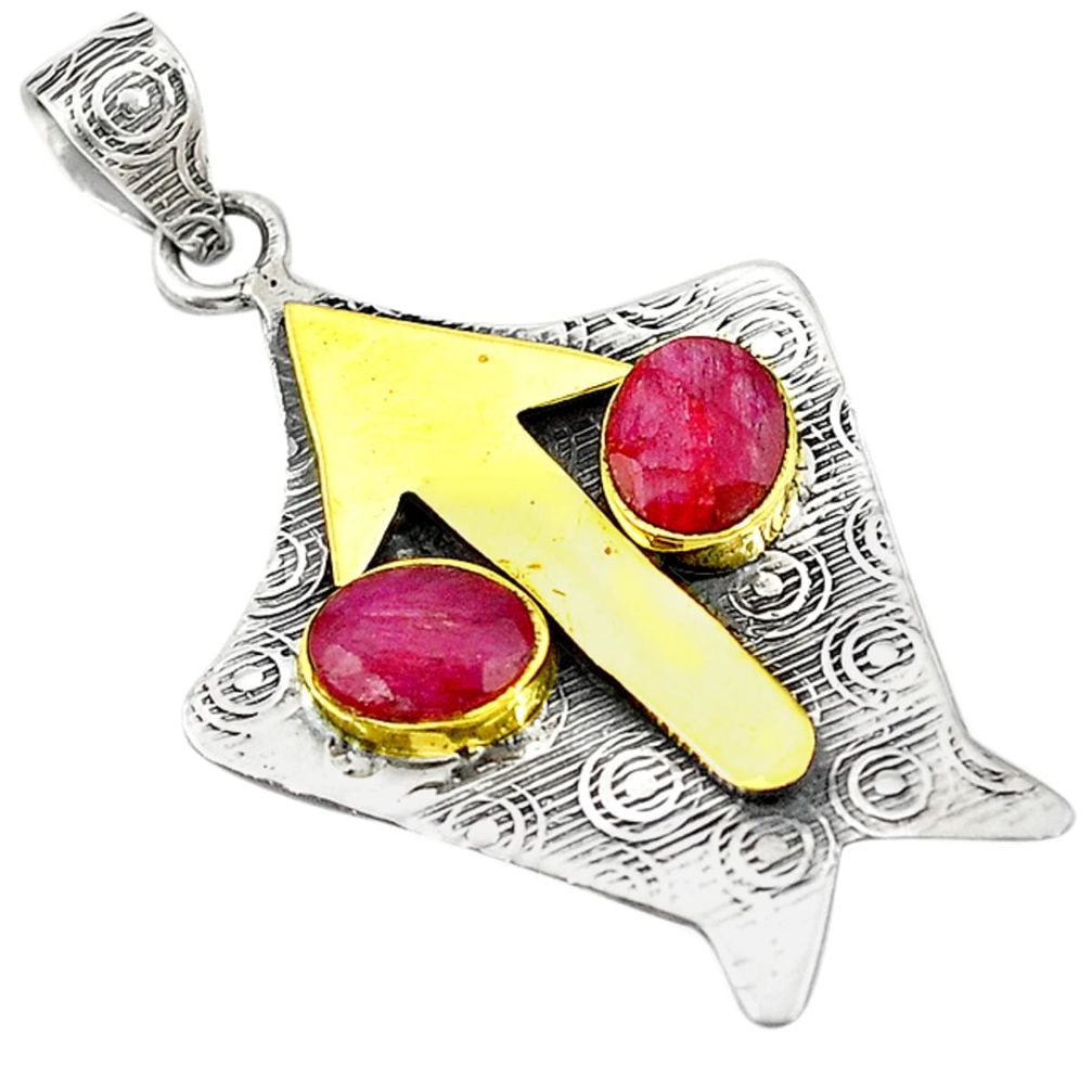 Victorian natural red ruby 925 sterling silver two tone pendant m12954