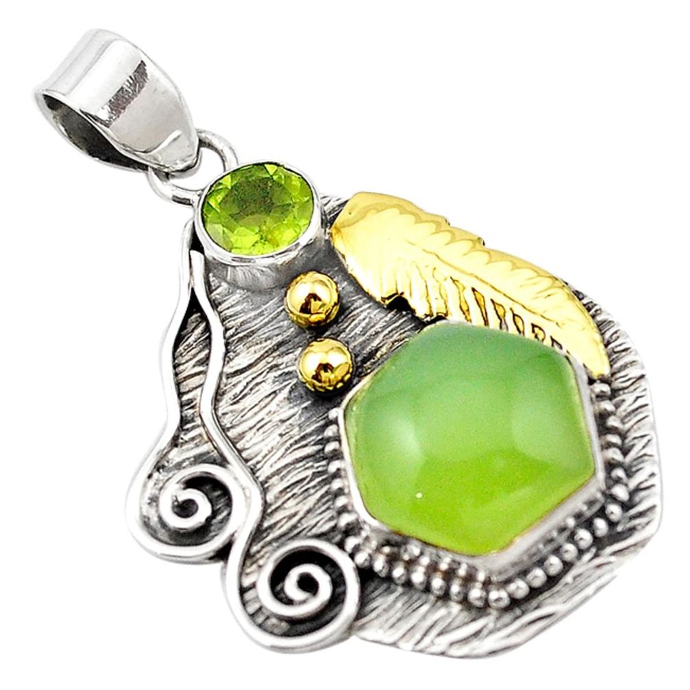 Victorian fine green prehnite 925 silver two tone pendant jewelry m13583