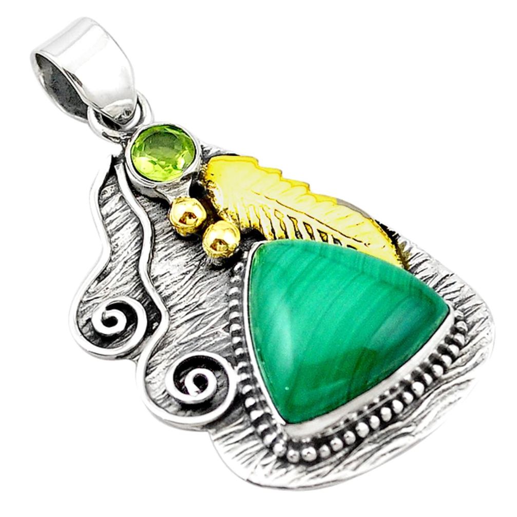 Natural green malachite (pilot's stone) 925 silver two tone pendant m13593