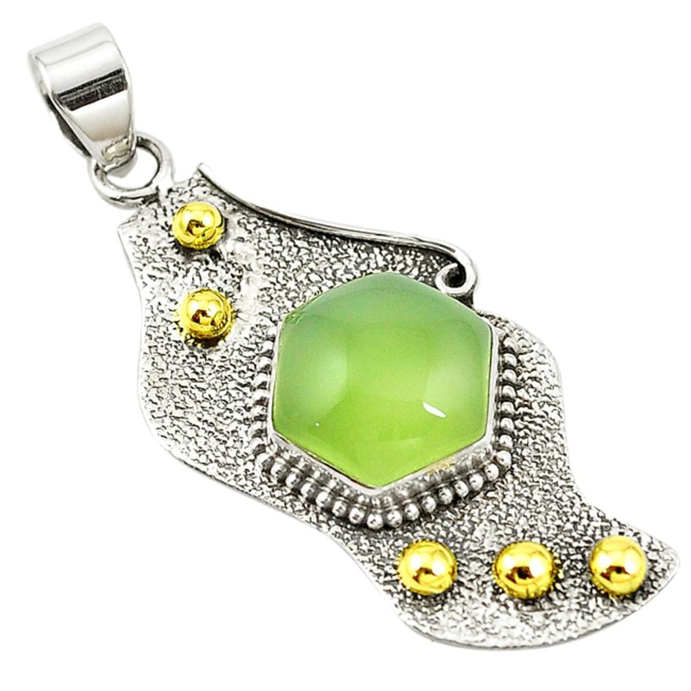 Victorian natural green prehnite 925 silver two tone pendant jewelry m13627