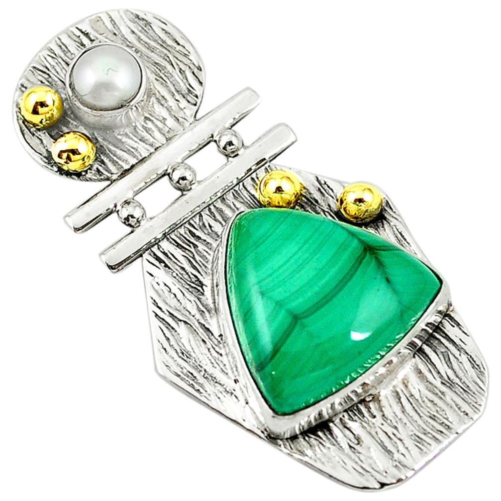 Natural green malachite (pilot's stone) 925 silver two tone pendant m13629