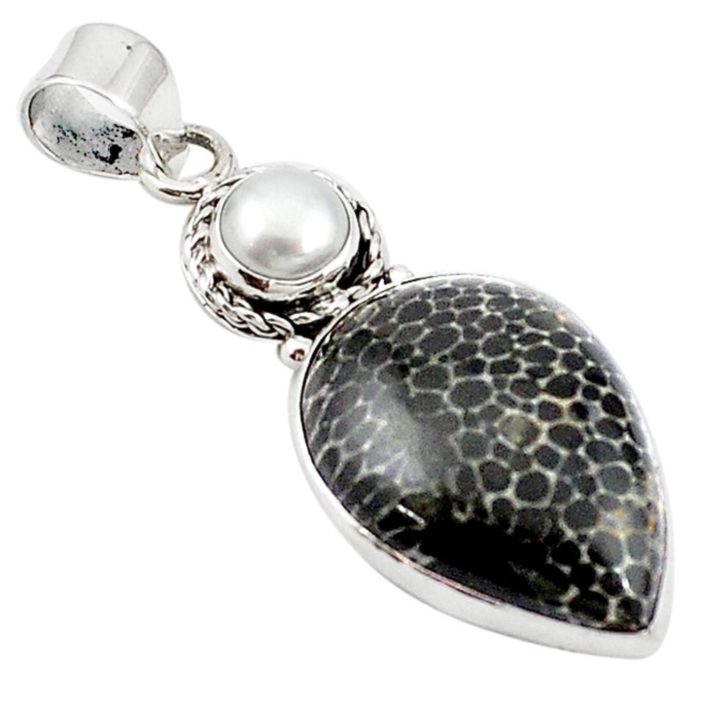 Natural black stingray coral from alaska pearl 925 silver pendant m14002