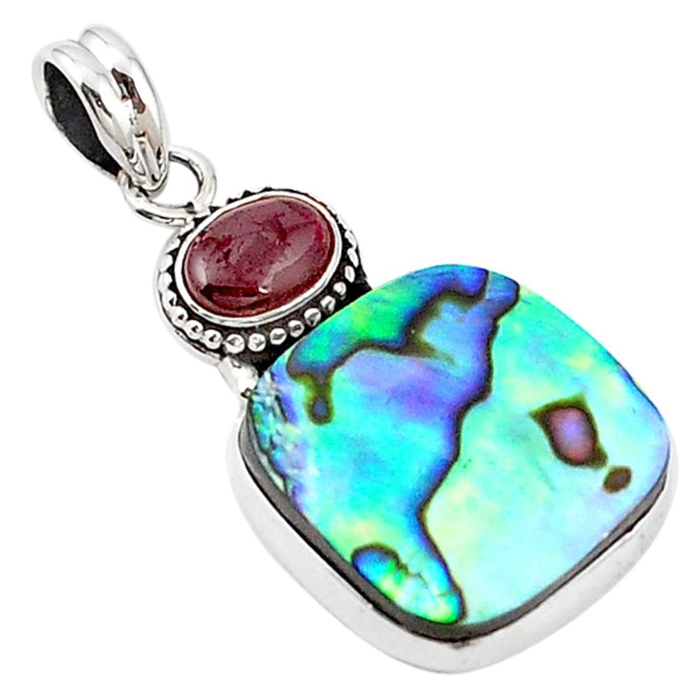 Clearance Sale-Natural green abalone paua seashell red garnet 925 silver pendant m14268