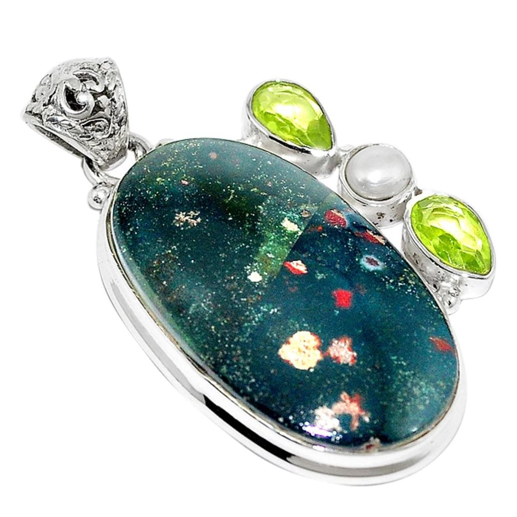 925 silver natural green bloodstone african (heliotrope) pearl pendant m14805
